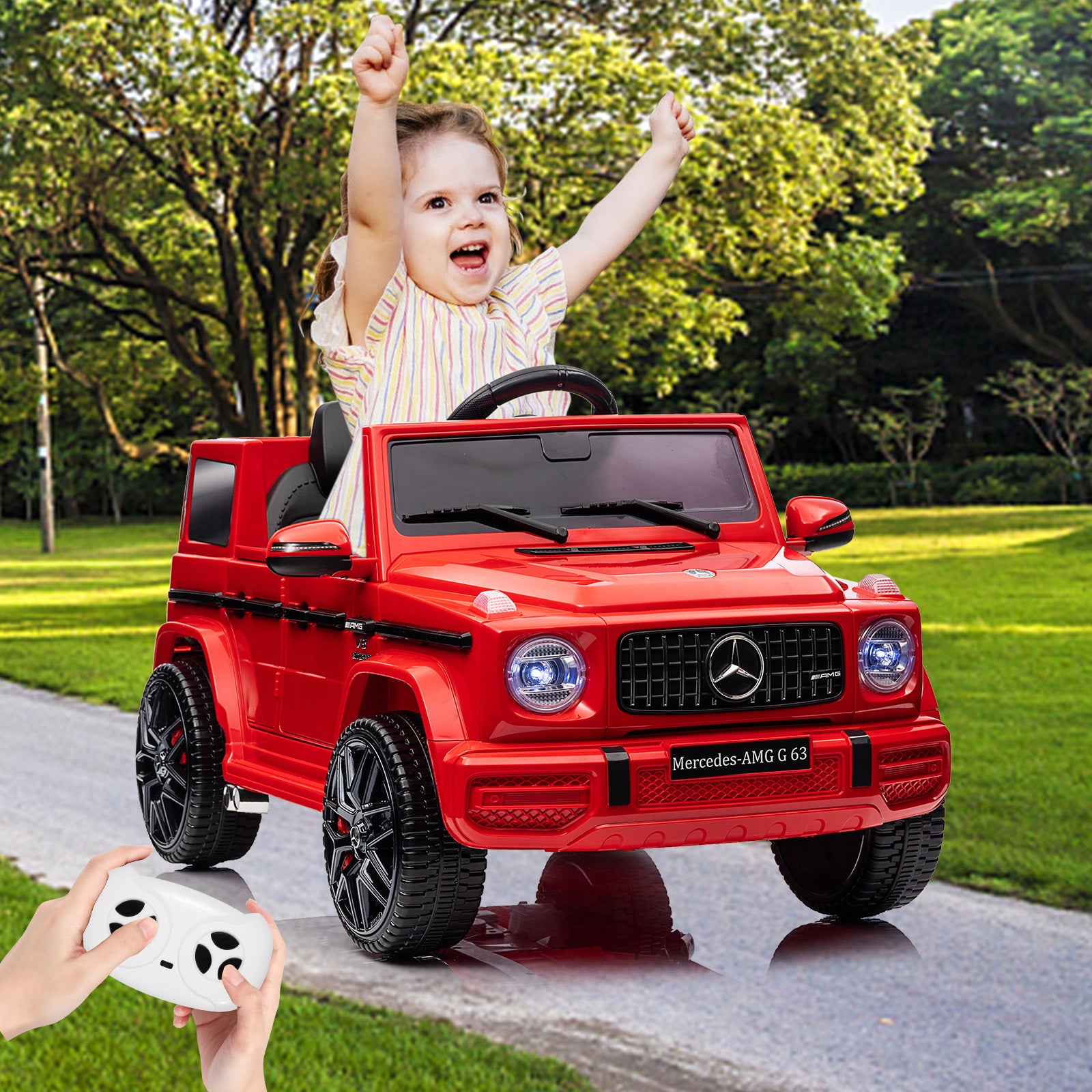 Garvee Ride P Series 12V Mercedes-Benz G63 Ride-On: Remote Control, Suspension, Soft Start, LED, Bluetooth, Music, 2x25W Motors - Red