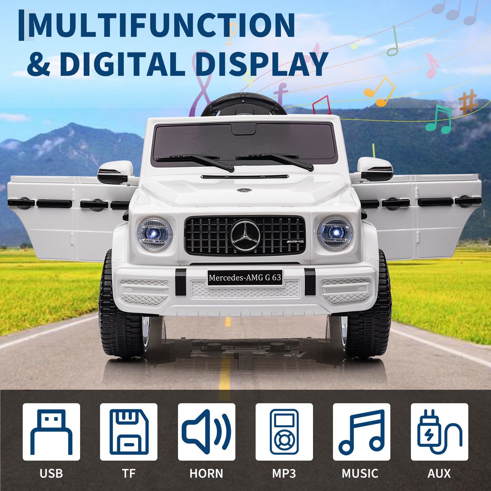 Garvee Ride P Series 12V Mercedes-Benz G63 Ride-On: Remote Control, Suspension, Soft Start, LED, Bluetooth, Music, 2x25W Motors - White