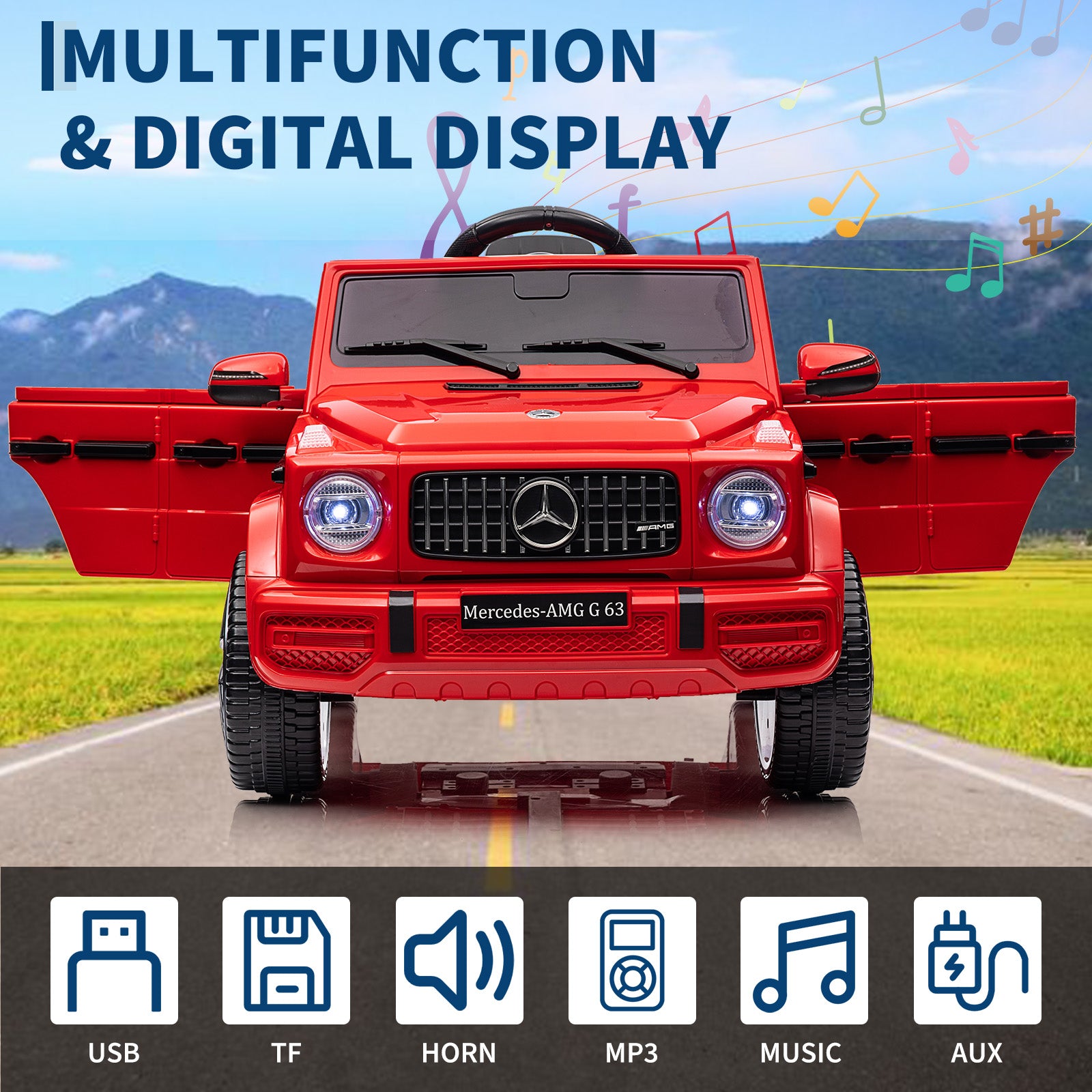 Garvee Ride P Series 12V Mercedes-Benz G63 Ride-On: Remote Control, Suspension, Soft Start, LED, Bluetooth, Music, 2x25W Motors - Red