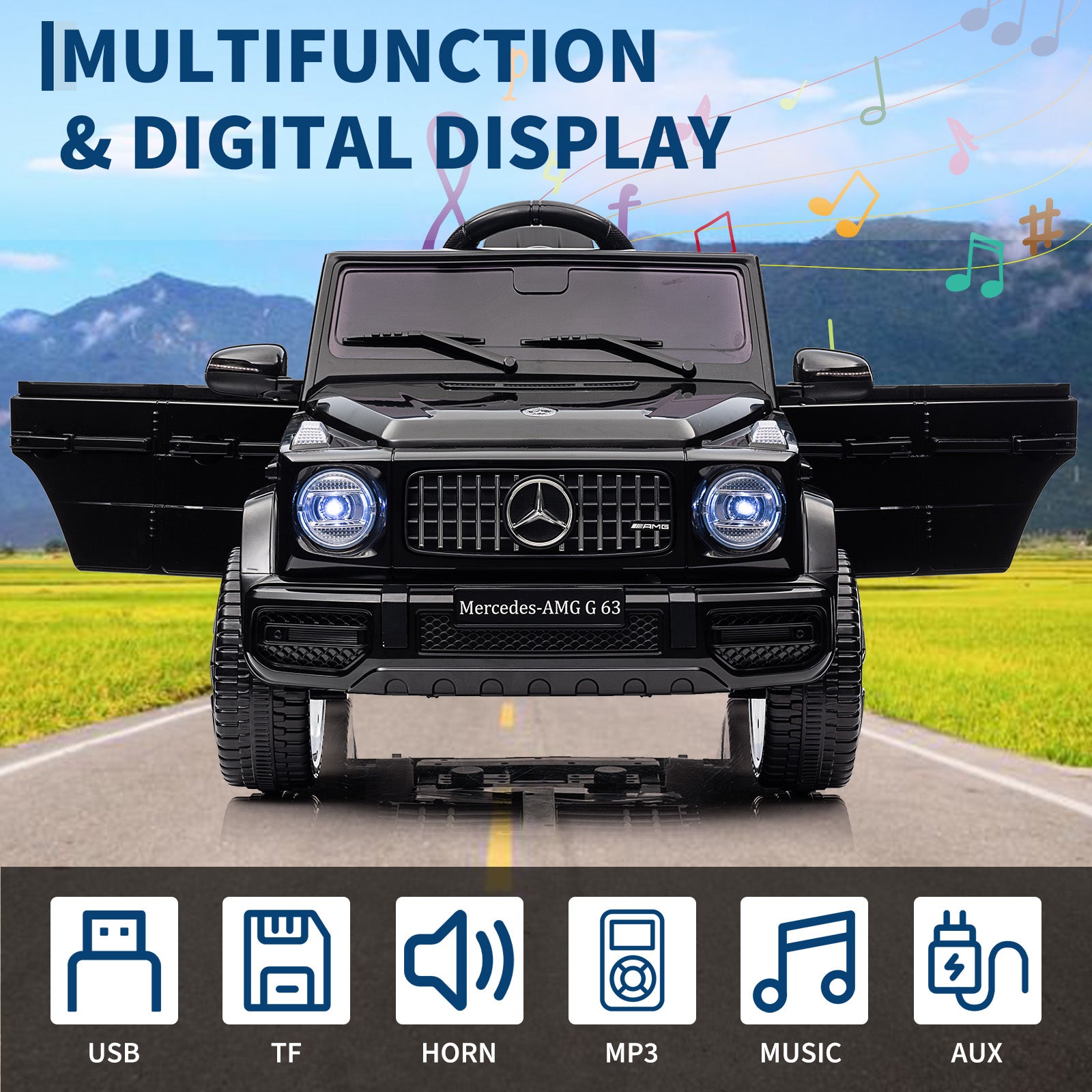 Garvee Ride P Series 12V Mercedes-Benz G63 Ride-On: Remote Control, Suspension, Soft Start, LED, Bluetooth, Music, 2x25W Motors - Black