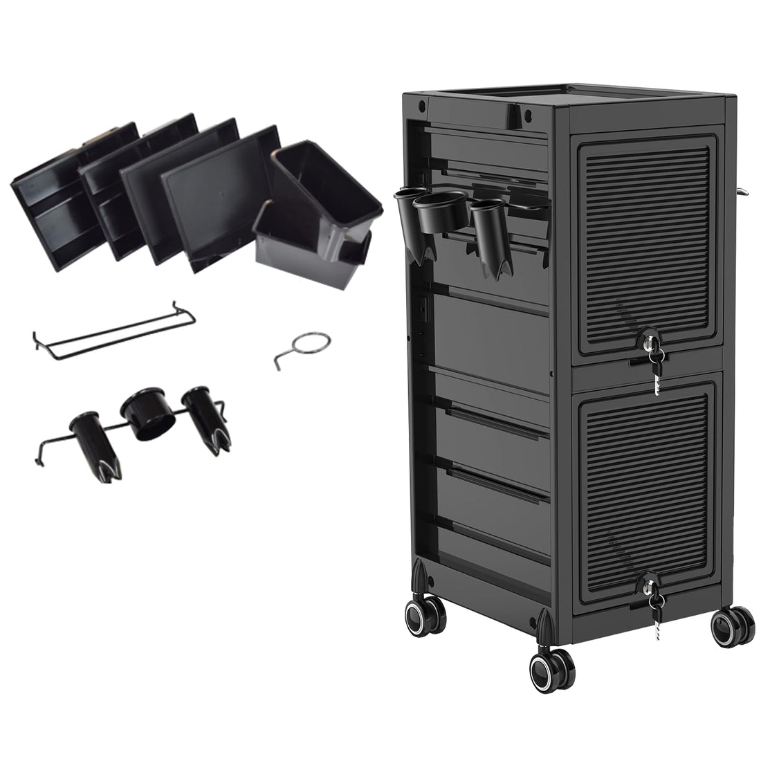 Garvee Salon Tool Storage Trolley Rolling Cart with 6 Trays & 3 Heat Resistant Appliance Holder, SPA Beauty Hairdressing Lockable Tool Cart with 2 Keys - Extra Storage New Upgrade