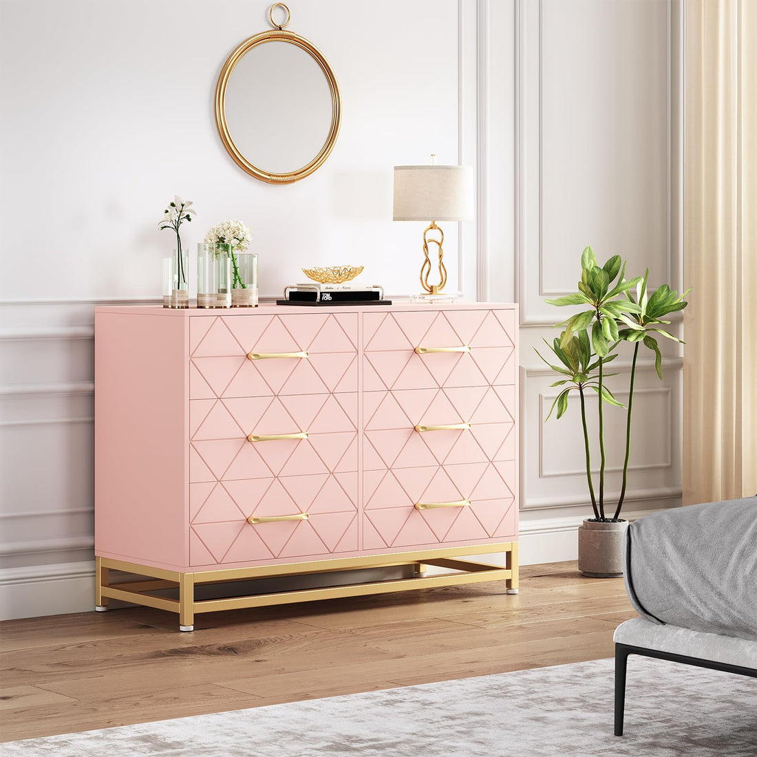 Garvee 6 Drawer Dresser for Bedroom, Wide Chest of Drawers Organizer Storage with Drawers, Large Storage Cabinet, Modern Design Dresser, Pink