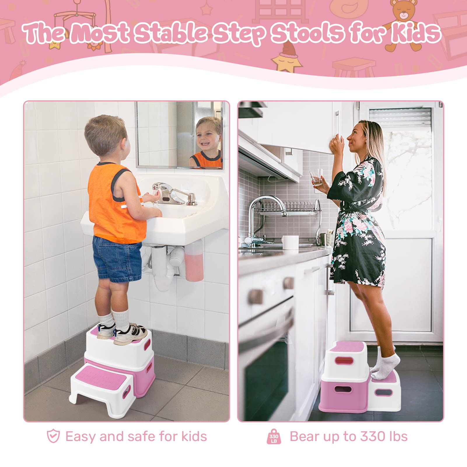Garvee 2 Step Stools for Kids, Toddler Step Stool for Toilet Potty Training, Anti-Slip Potty Stools with Numbers/ABC, Bathroom Step Stool for Kitchen - Pink