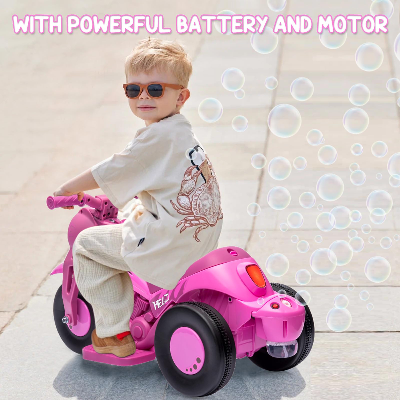Kids Electric Motorcycle with Bubble Function, 6V Battery Powered Ride On Motorbike Toy w/LED Headlights, Forward/Reserve, Music, Pedal, 3 Wheels Bubble Car for Kids 3 and Up Boys Girls, Pink