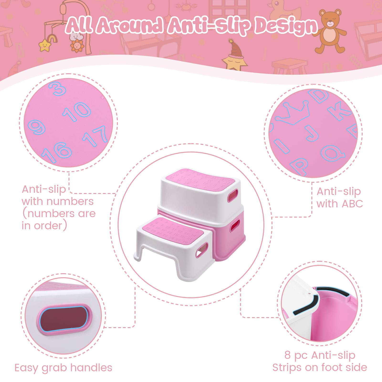 Garvee 2 Step Stools for Kids, Toddler Step Stool for Toilet Potty Training, Anti-Slip Potty Stools with Numbers/ABC, Bathroom Step Stool for Kitchen - Pink