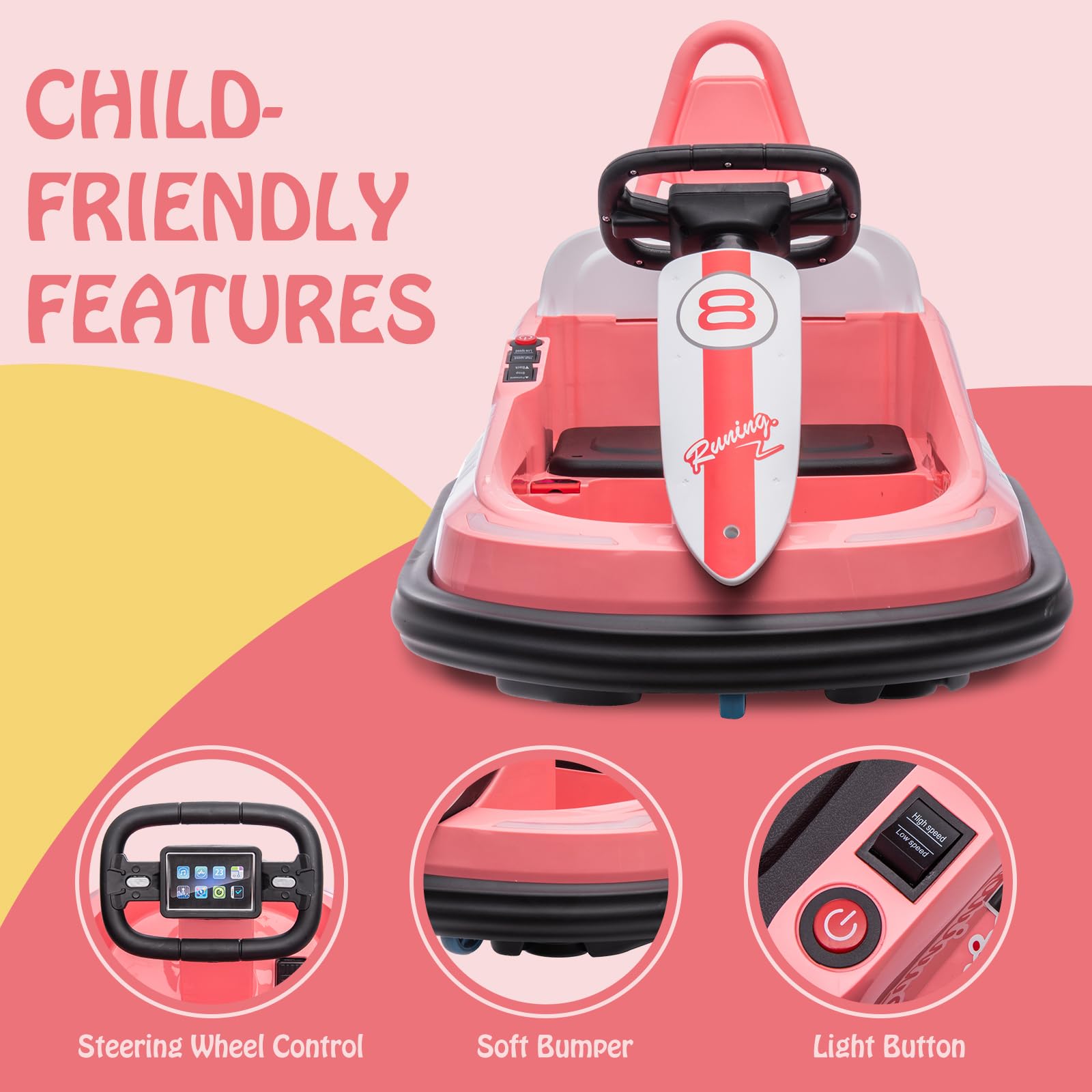 Bumper Car for Toddlers, New Designed 6V Electric Ride On Toys for Kids 1.5-6 Years Old, Steering Wheel, 360 Degree Spin, 2-Speeds, Lights, Music & Horn, Safety Belts, Best for Birthday