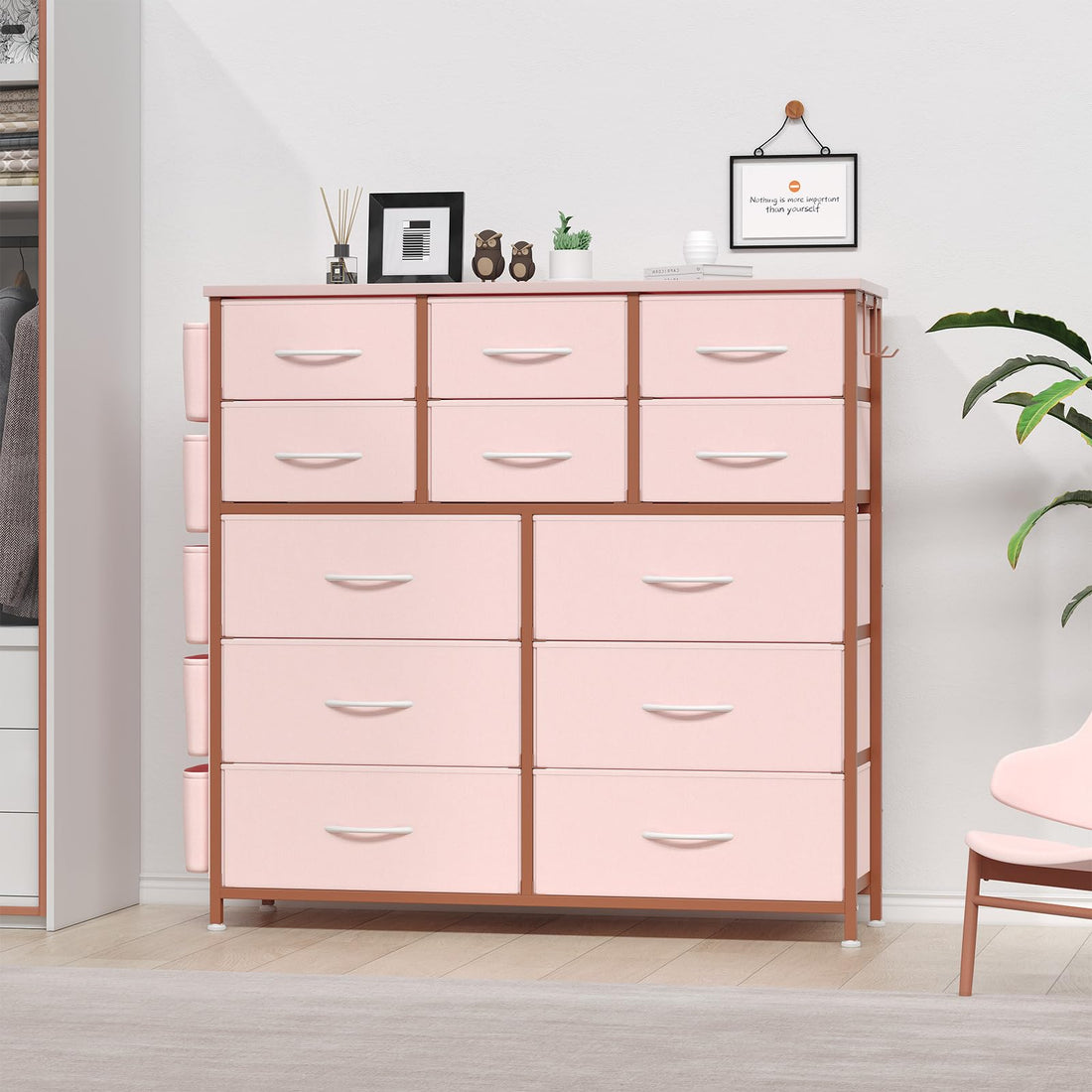Garvee Dresser for Bedroom with 12 Drawer, Entryway, Storage Organizer Unit with Fabric, Sturdy Metal Frame, Wood Tabletop, Easy Pull Handle - Pink