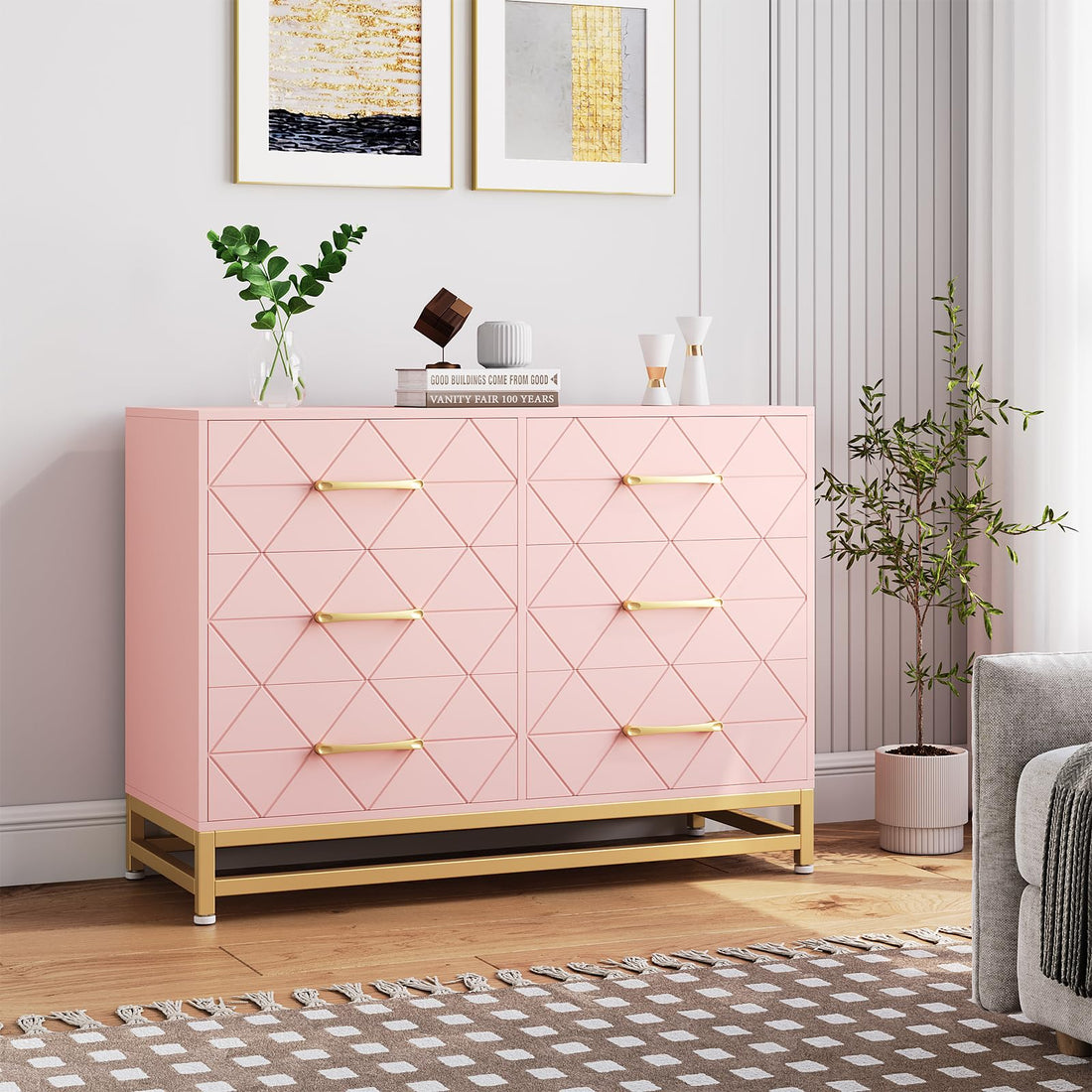Garvee 6 Drawer Dresser for Bedroom, Wide Chest of Drawers Organizer Storage with Drawers, Large Storage Cabinet, Modern Design Dresser, Pink