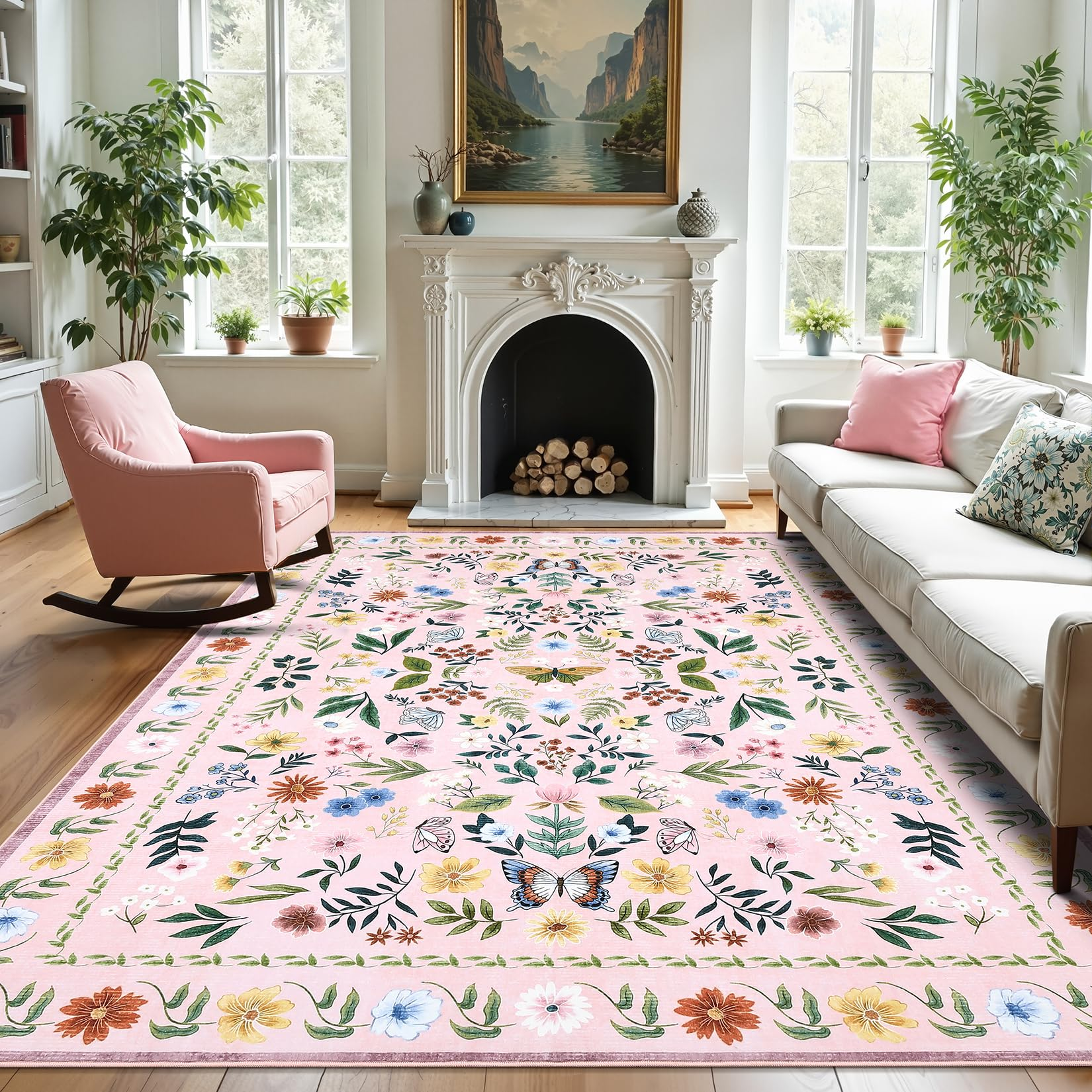 Garvee Washable Floral Rug Non Slip Living Room Rug, Area Rugs Vintage Distressed Soft Carpet for Bedroom, Dinning Room, Home Office