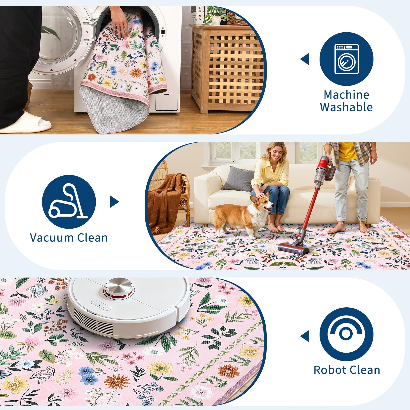 Garvee Washable Floral Rug Non Slip Living Room Rug, Area Rugs Vintage Distressed Soft Carpet for Bedroom, Dinning Room, Home Office