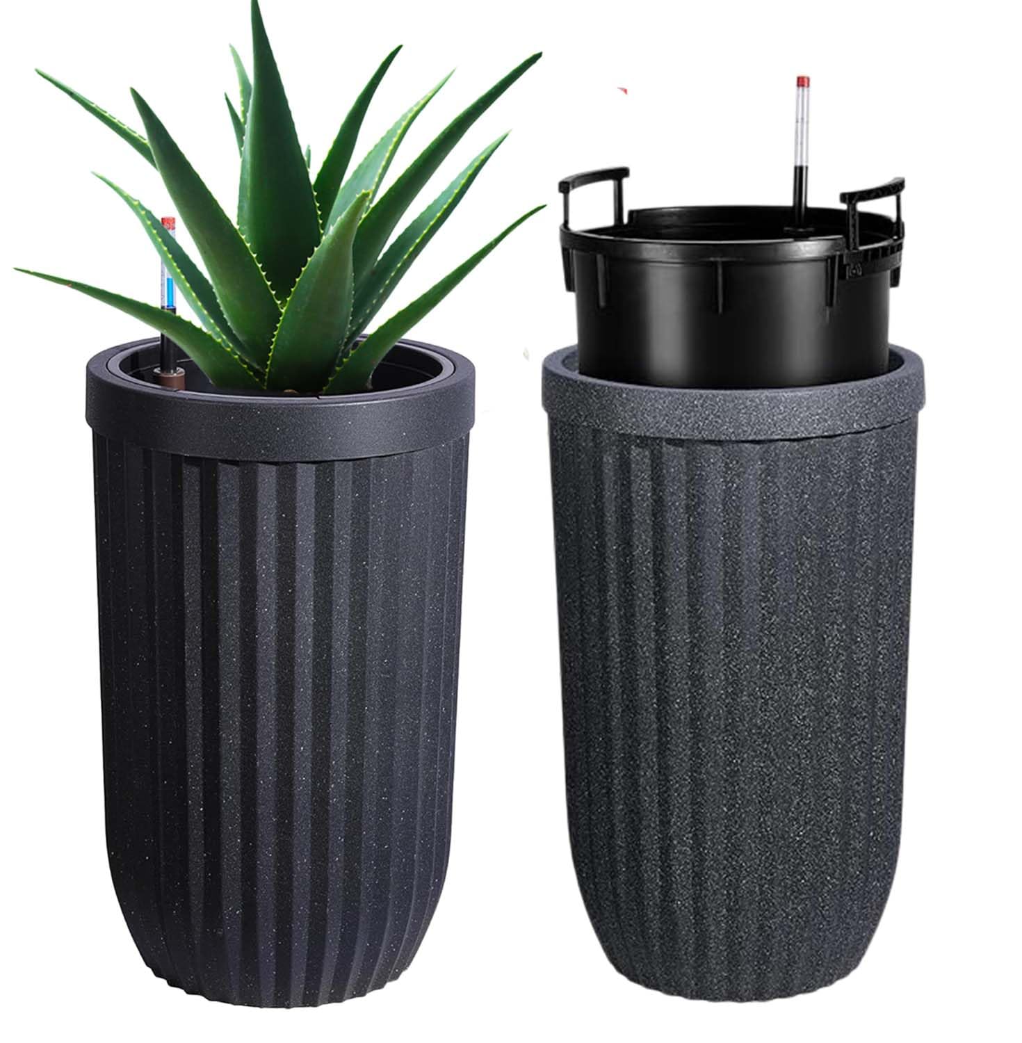 Stylish plastic planters with self-watering insert, perfect for patios, gardens, and offices.