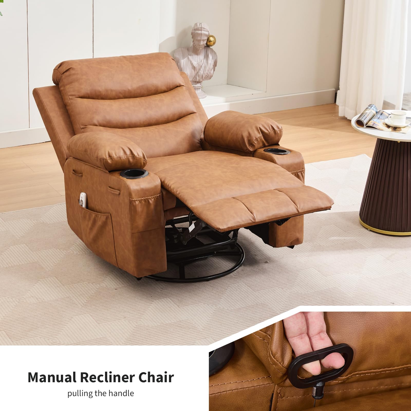 Garvee Recliner Chair for Elderly, Swivel Rocker Recliner Chair with Massage & Heat, Storage Pockets & Cup Holders, Leather Recliner Chair for Living Room & Nursery, Vintage Brown
