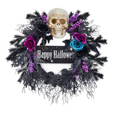 Garvee 22" Halloween Wreath for Front Door, Halloween Skull Wreath with Lights, Spooky Halloween Wreaths with Black, Blue, Purple Flowers, Indoor/Covered Outdoor Halloween Props Decoration - 1pcs