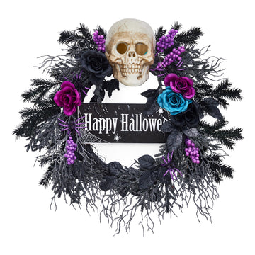 Garvee 22" Halloween Wreath for Front Door, Halloween Skull Wreath with Lights, Spooky Halloween Wreaths with Black, Blue, Purple Flowers, Indoor/Covered Outdoor Halloween Props Decoration