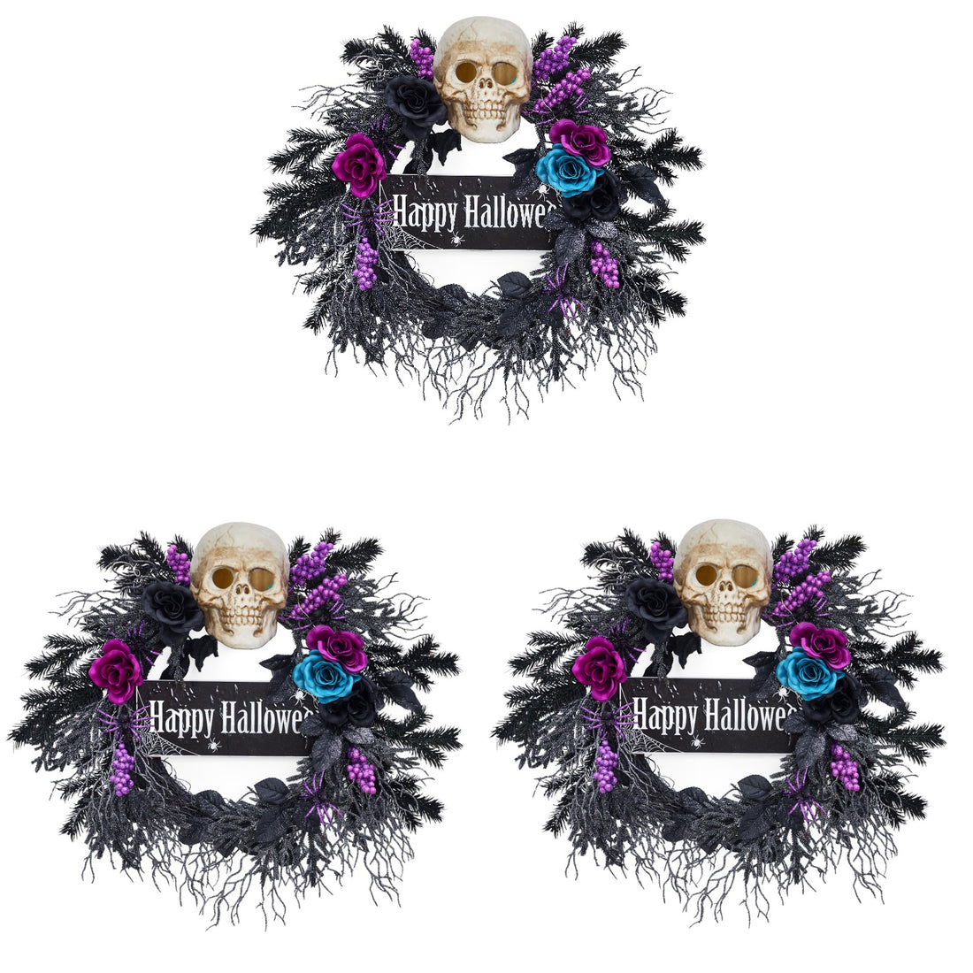 Garvee 3 Pack Halloween Wreath for Front Door, 22'' Halloween Skull Wreath with Lights, Spooky Halloween Wreaths with Black, Blue, Purple Flowers, Indoor/Covered Outdoor Halloween Props Decoration
