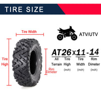 26x11-14 6PR TL UTV ATV Tire - All Terrain 26x11x14 Tires, Rim 14 * 7, OD 26in, SW 11in, Max Load 465lbs each Tire, LCI/SI 54F