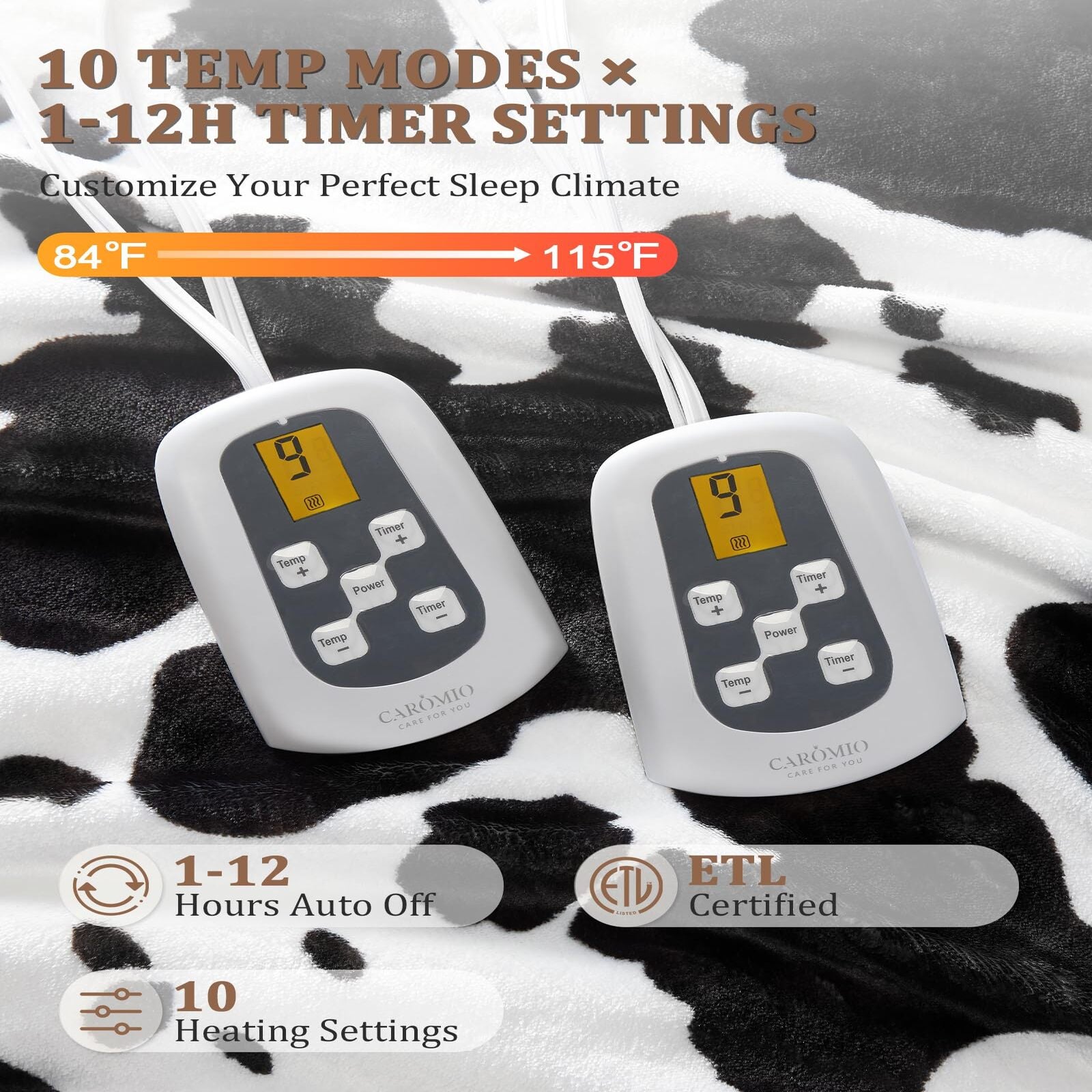 Garvee Heated Electric Blanket Queen Size with LCD Dual Controller, Cow Print Heating Blankets, 10 Heat Levels & 1-12H Time Settings, ETL Certified, Machine Washable, Black White, 84" x 90"