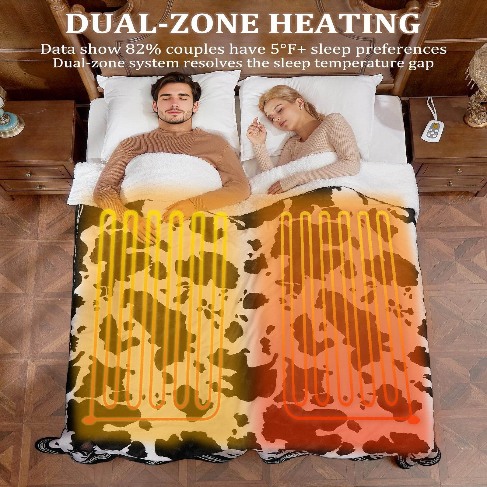 Garvee Heated Electric Blanket Queen Size with LCD Dual Controller, Cow Print Heating Blankets, 10 Heat Levels & 1-12H Time Settings, ETL Certified, Machine Washable, Black White, 84" x 90"