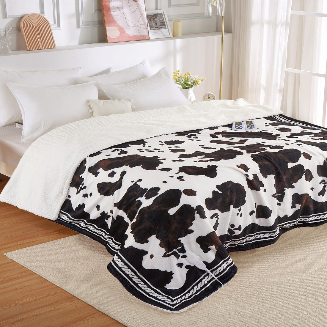 Garvee Heated Electric Blanket Queen Size with LCD Dual Controller, Cow Print Heating Blankets, 10 Heat Levels & 1-12H Time Settings, ETL Certified, Machine Washable, Brown White, 84" x 90"