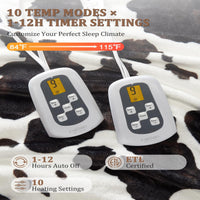 Garvee Heated Electric Blanket King Size with LCD Dual Controller, Cow Print Heating Blankets, 10 Heat Levels & 1-12H Time Settings, ETL Certified, Machine Washable, Brown White, 90" x 100"