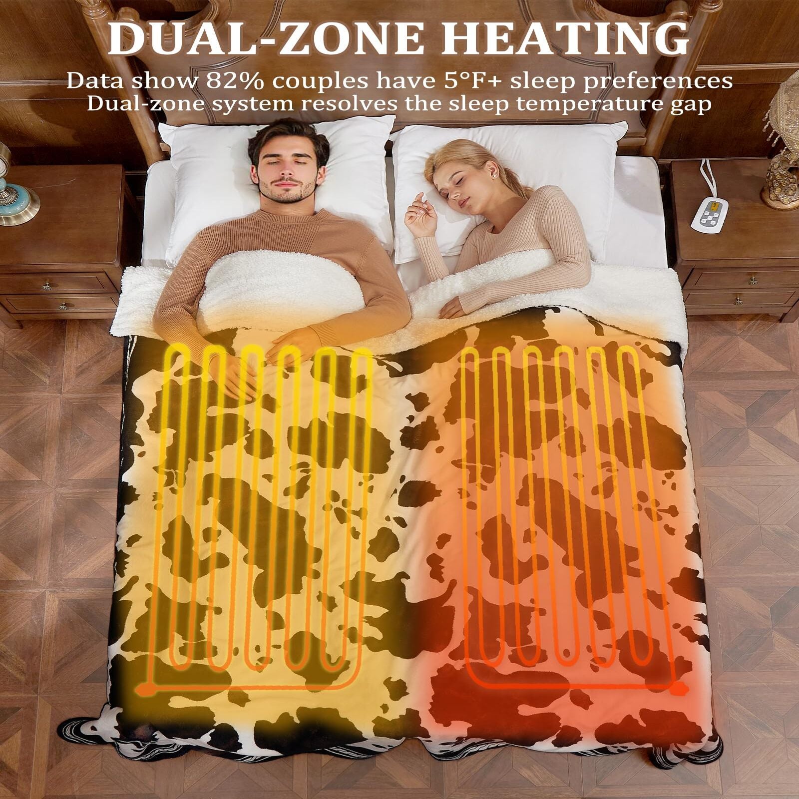 Garvee Heated Electric Blanket Queen Size with LCD Dual Controller, Cow Print Heating Blankets, 10 Heat Levels & 1-12H Time Settings, ETL Certified, Machine Washable, Brown White, 84" x 90"