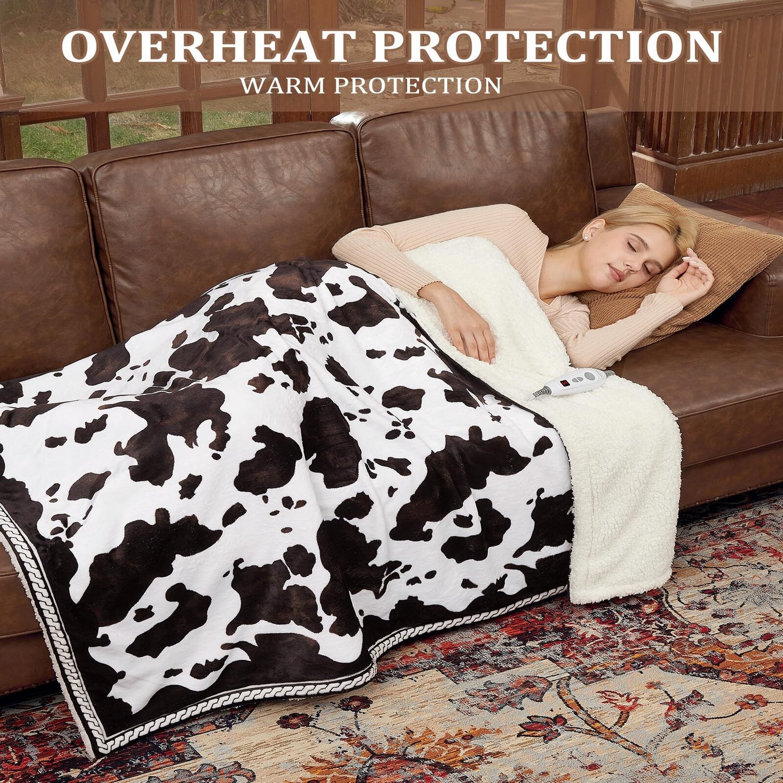 Garvee Heated Electric Blanket Queen Size with LCD Dual Controller, Cow Print Heating Blankets, 10 Heat Levels & 1-12H Time Settings, ETL Certified, Machine Washable, Brown White, 84" x 90"