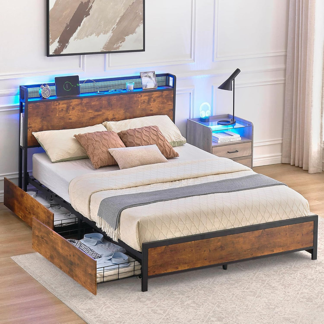 Garvee Queen Size Bed Frame with Storage Headboard and 4 Drawers, Platform Bed Frame with Charging Station and LED Lights, Metal Support/No Box Spring Needed, Vintage Brown