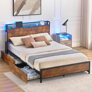 Garvee Queen Size Bed Frame with Storage Headboard and 4 Drawers, Platform Bed Frame with Charging Station and LED Lights, Metal Support/No Box Spring Needed, Vintage Brown