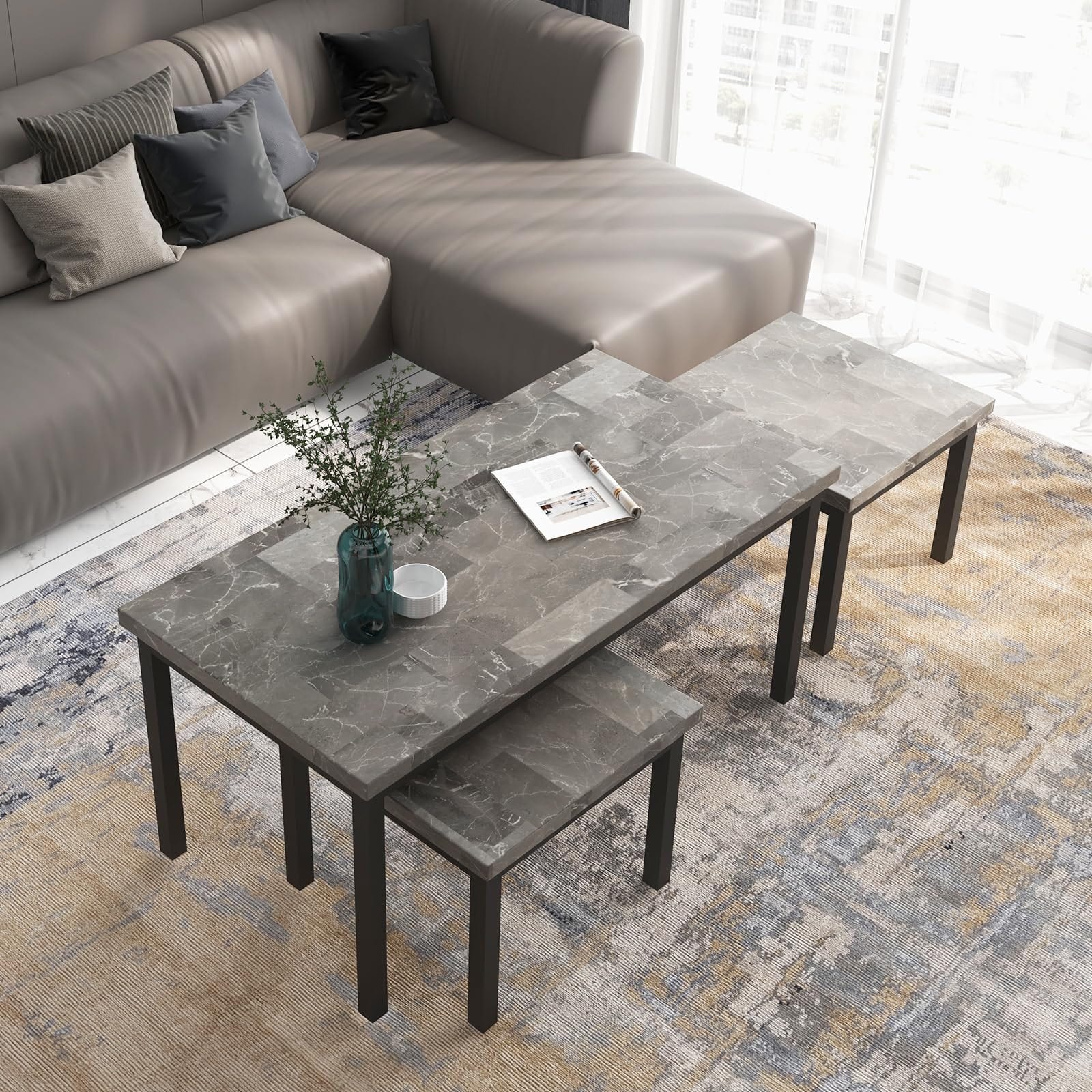 Marble Living Room Table Set: 1 Large & 2 Square End Tables
