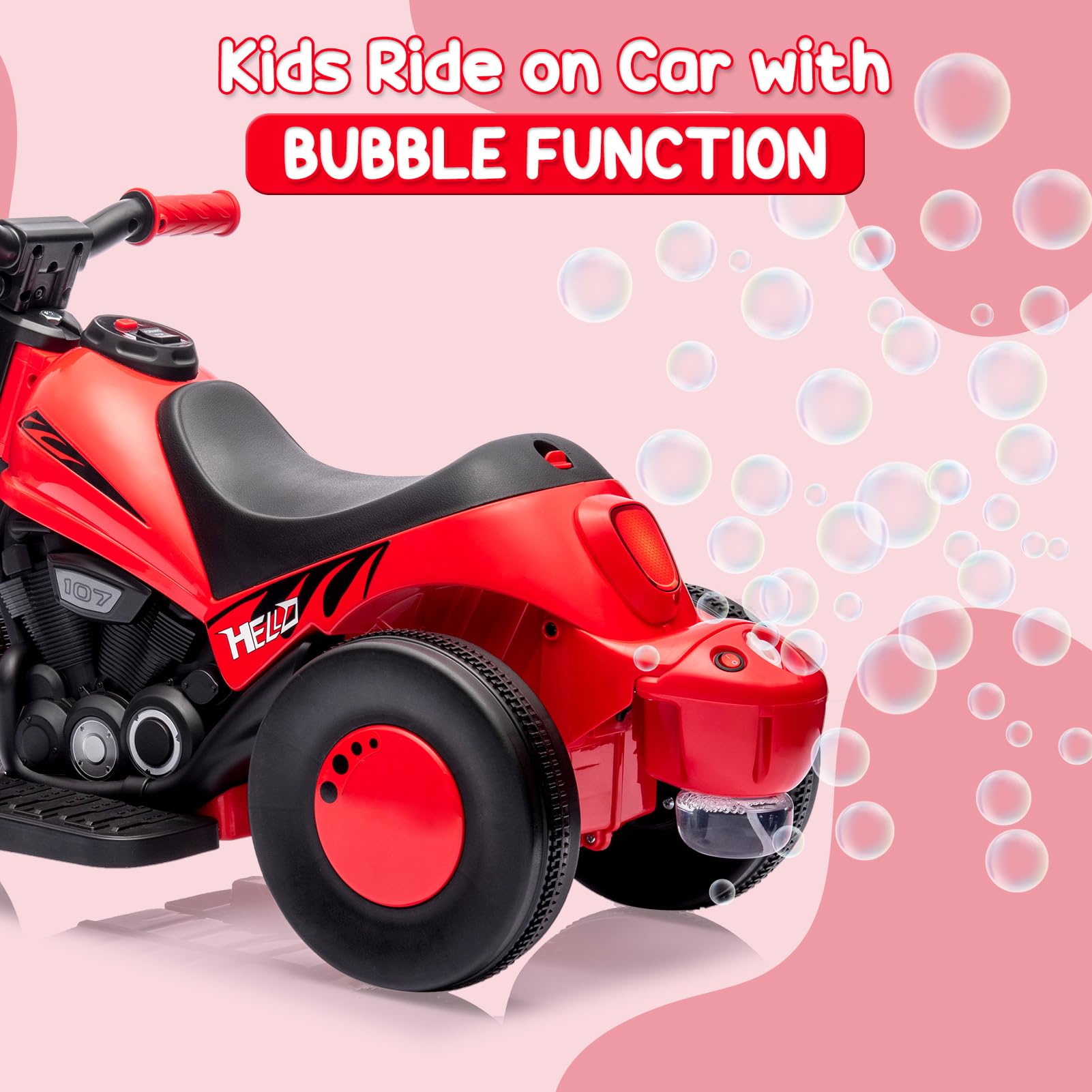 Kids Electric Motorcycle with Bubble Function, 6V Battery Powered Ride On Motorbike Toy w/LED Headlights, Forward/Reserve, Music, Pedal, 3 Wheels Bubble Car for Kids 3 and Up Boys Girls, Pink