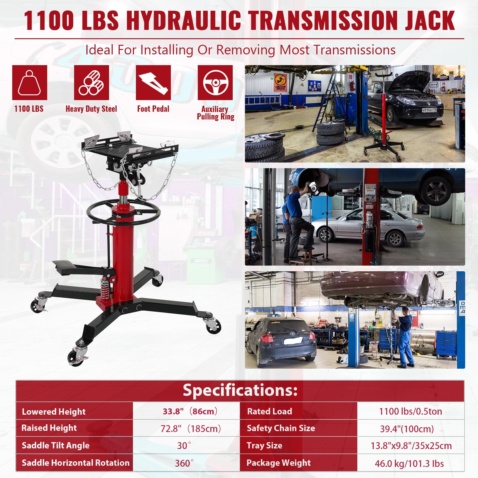 1322lbs Hydraulic Transmission Jack Lift, 33.8-72.8 Inch Lift - GARVEE
