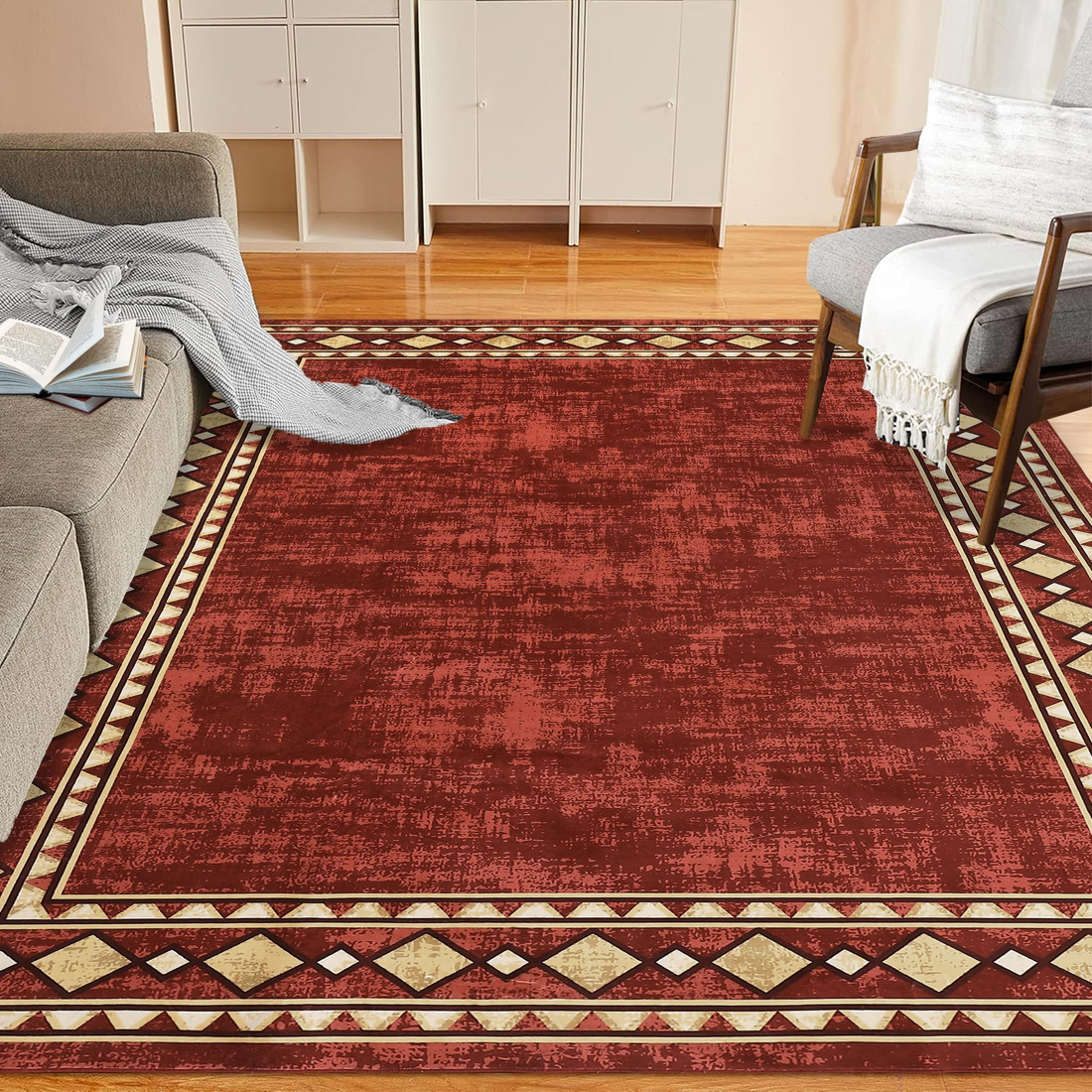 Garvee Bordered Red 10x13 Area Rug Extra Large Area Rug for Living Room, Modern Bordered Machine Washable Rug Stain Resistant Non-Slip Accent Rug Carpet Minimalist Border Floor Cover for Home Decor