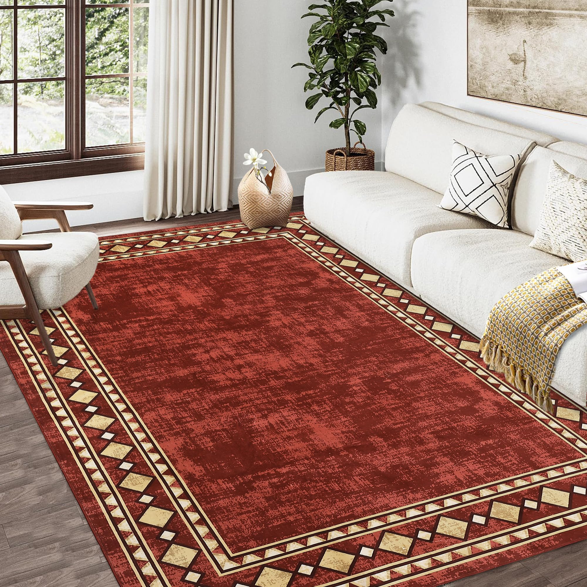 Garvee 10x13 Bordered Red Area Rug – Large Washable, Non-Slip