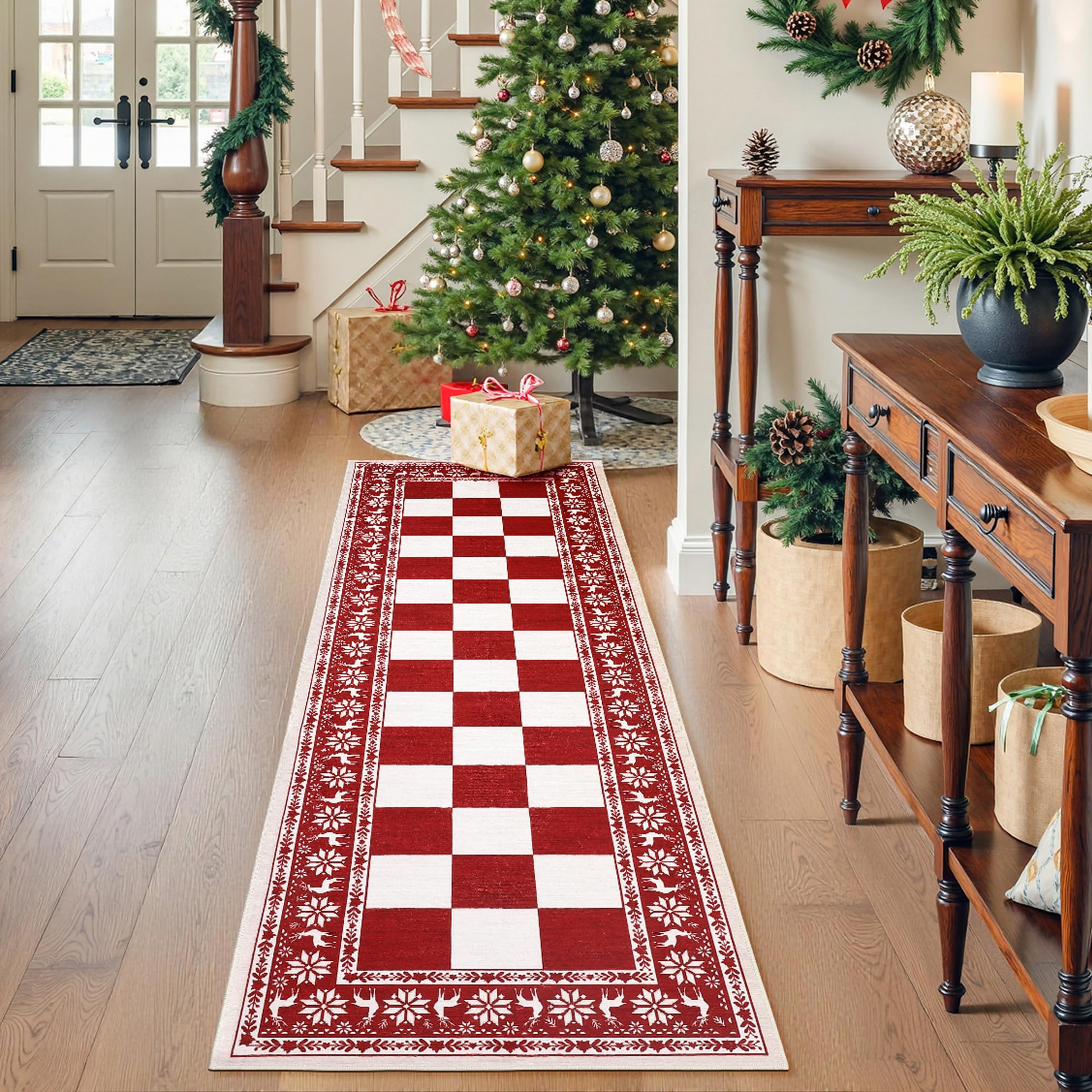 Garvee Red 2x6 Runner Rug Washable Non Slip Indoor Christmas Decor Checkered Soft Low Pile Carpet for Kitchen Entryway Living Room Bedroom