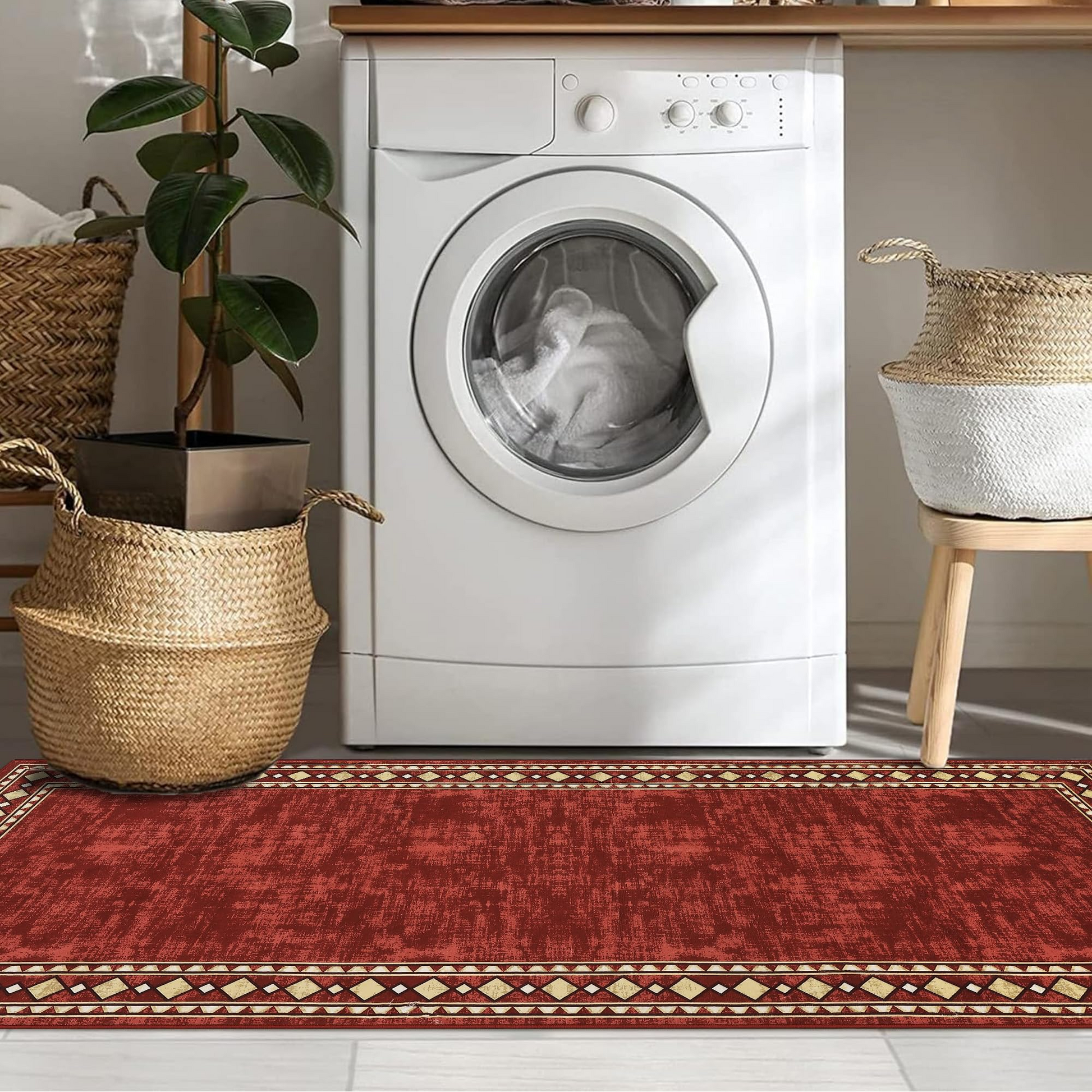 Garvee Bordered Red 2x6 Runner Rug Modern Bordered Hallway Runner Rug, Washable Area Rug Stain Resistant Non-Slip Carpet Minimalist Border Floor Cover Entryway Rug for Laundry Kitchen