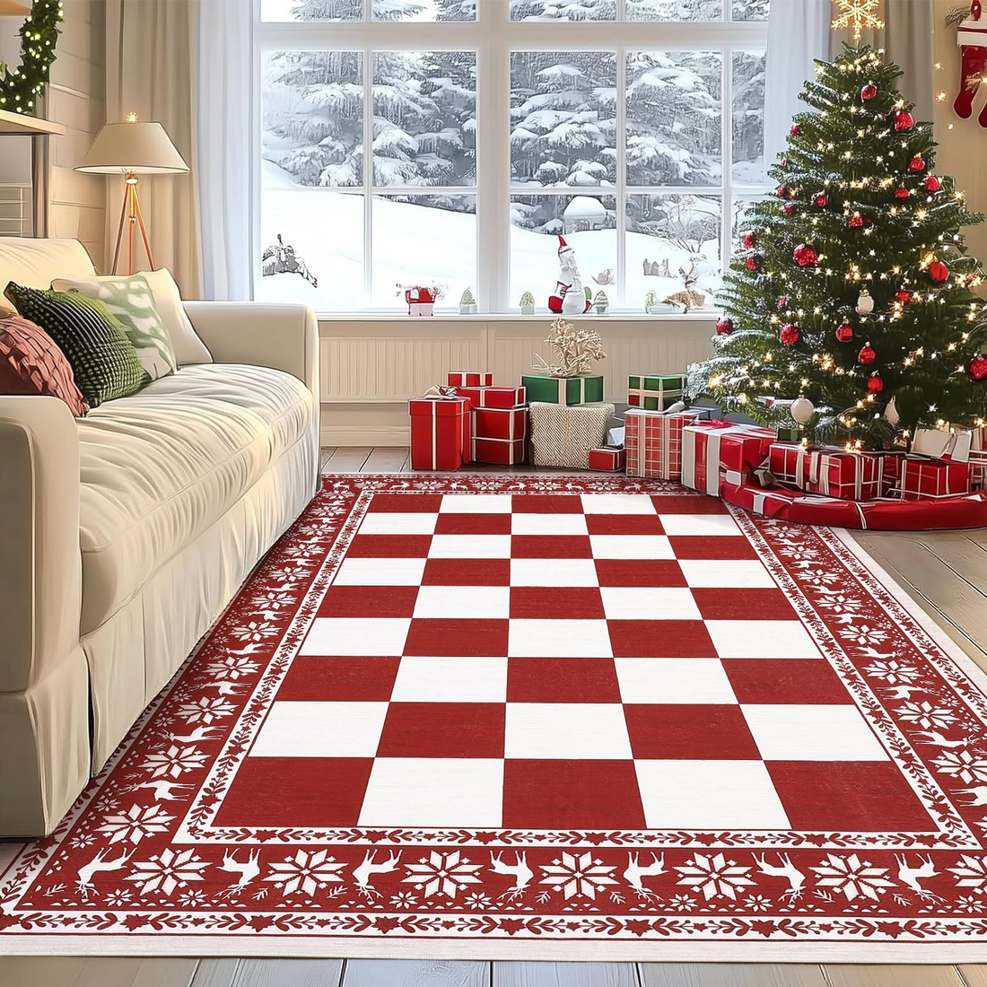Garvee Red 8x10 Area Rugs Washable Non Slip Checkered Soft Low Pile Christmas Rug for Living Room Bedroom Dining Room