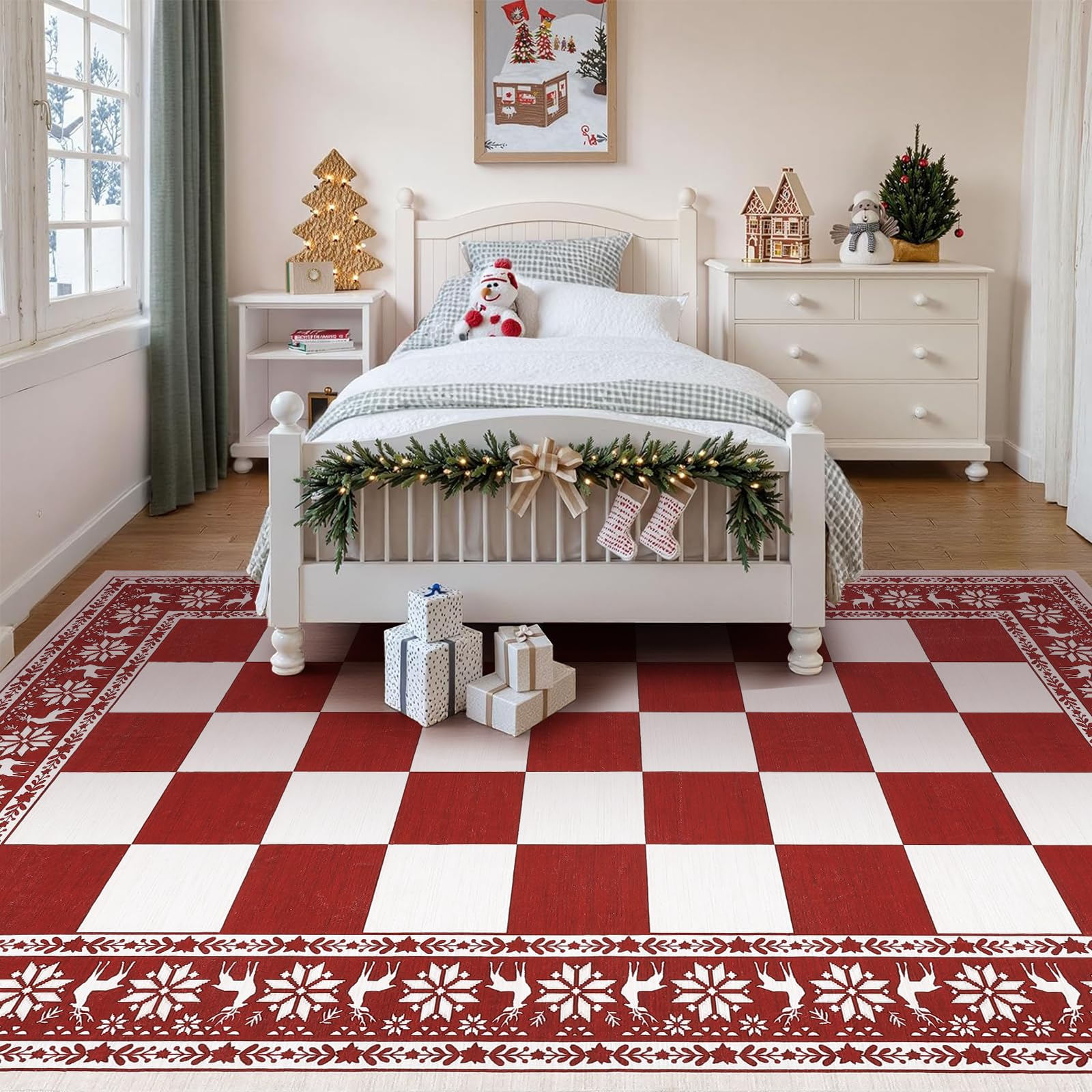 Garvee Red 5x7 Area Rugs for Living Room, Washable Non Slip Christmas Decor Carpet, Checkered Soft Low Pile Rug for Bedroom and Dining Room
