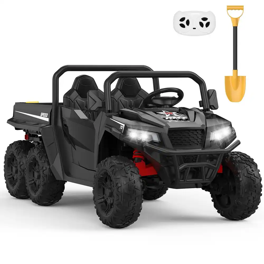 Garvee Ride - P Series: 24V 4WD Electric Ride On Dump Truck with Remote Control, 2-Seater, Music Player, LED Lights, Key Start Safety System, Durable Plastic, Off-Road Kids Toy for Ages 3+ - Black