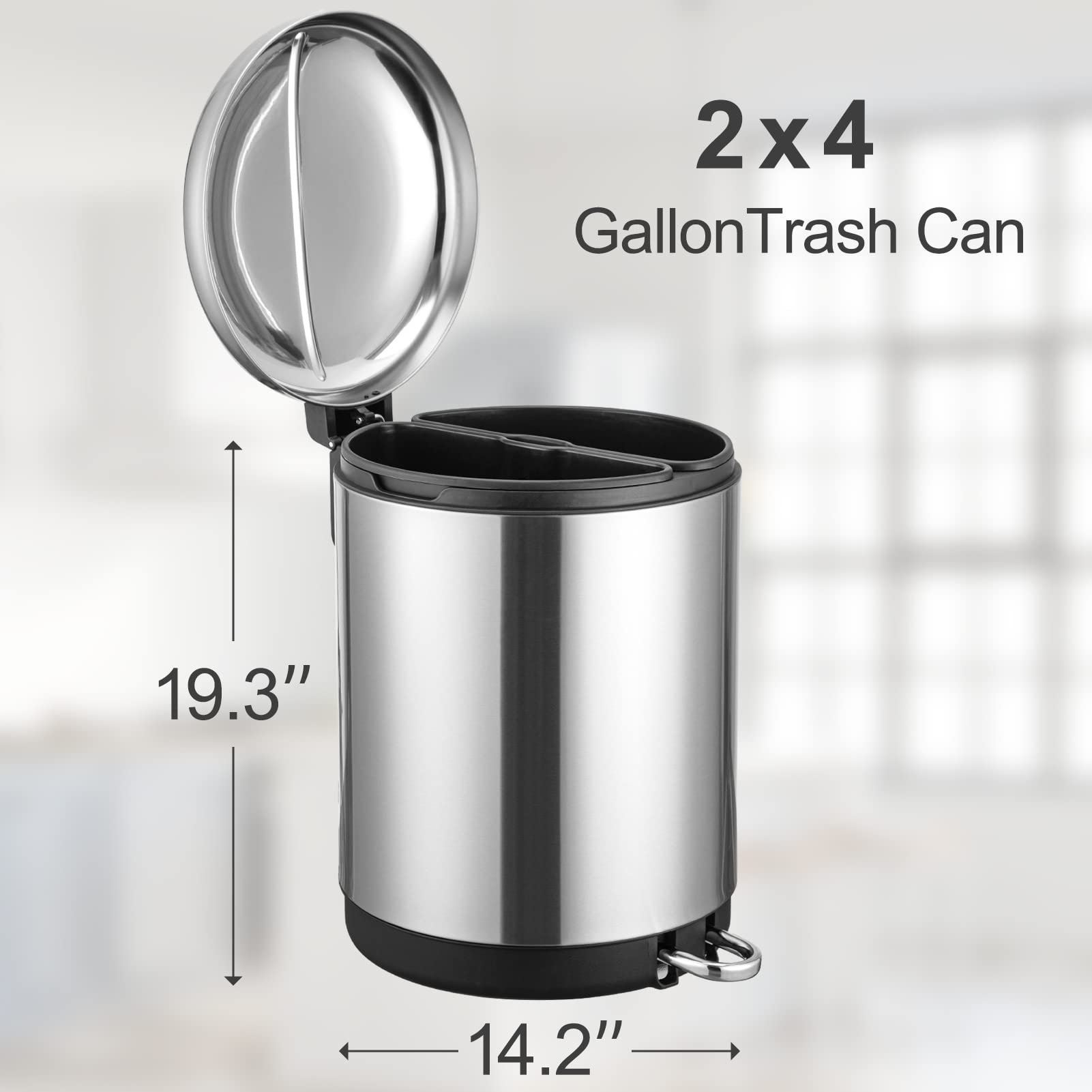 2x15L Stainless Steel Trash Can, Soft Close Lid, Pedal, Silver