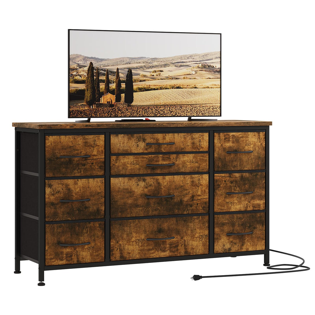 Garvee 10 Drawers Dresser TV Stand with Power Outlet for 55'' Long TV Stand, Wide Dresser Console Table for Storage Entertainment Center in Closet, Living Room, Entryway, Wood Top - Rustic Brown