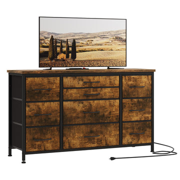 Garvee 10 Drawers Dresser TV Stand with Power Outlet for 55'' Long TV Stand, Wide Dresser Console Table for Storage Entertainment Center in Closet, Living Room, Entryway, Wood Top - Rustic Brown