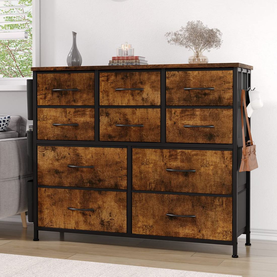 Garvee Dresser with 10 Drawers, Dressers & Chest of Drawers with Wood Tabletop for Bedroom Living Room Entryway - Rustic Brown