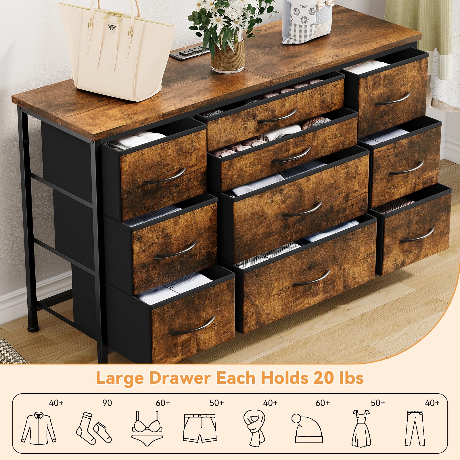 Garvee 10 Drawers Dresser TV Stand with Power Outlet for 55'' Long TV Stand, Wide Dresser Console Table for Storage Entertainment Center in Closet, Living Room, Entryway, Wood Top - Rustic Brown