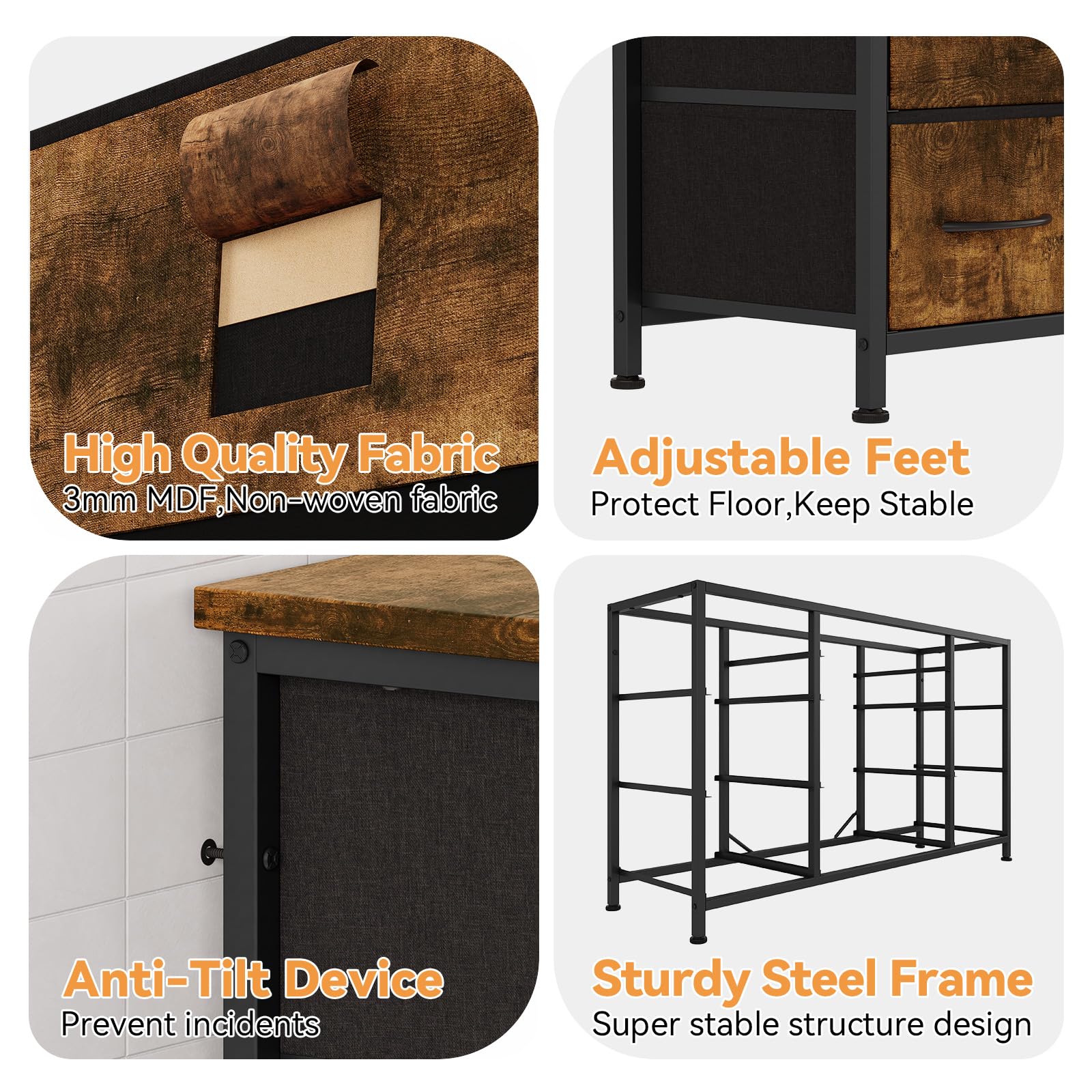 Garvee 10 Drawers Dresser TV Stand with Power Outlet for 55'' Long TV Stand, Wide Dresser Console Table for Storage Entertainment Center in Closet, Living Room, Entryway, Wood Top - Rustic Brown