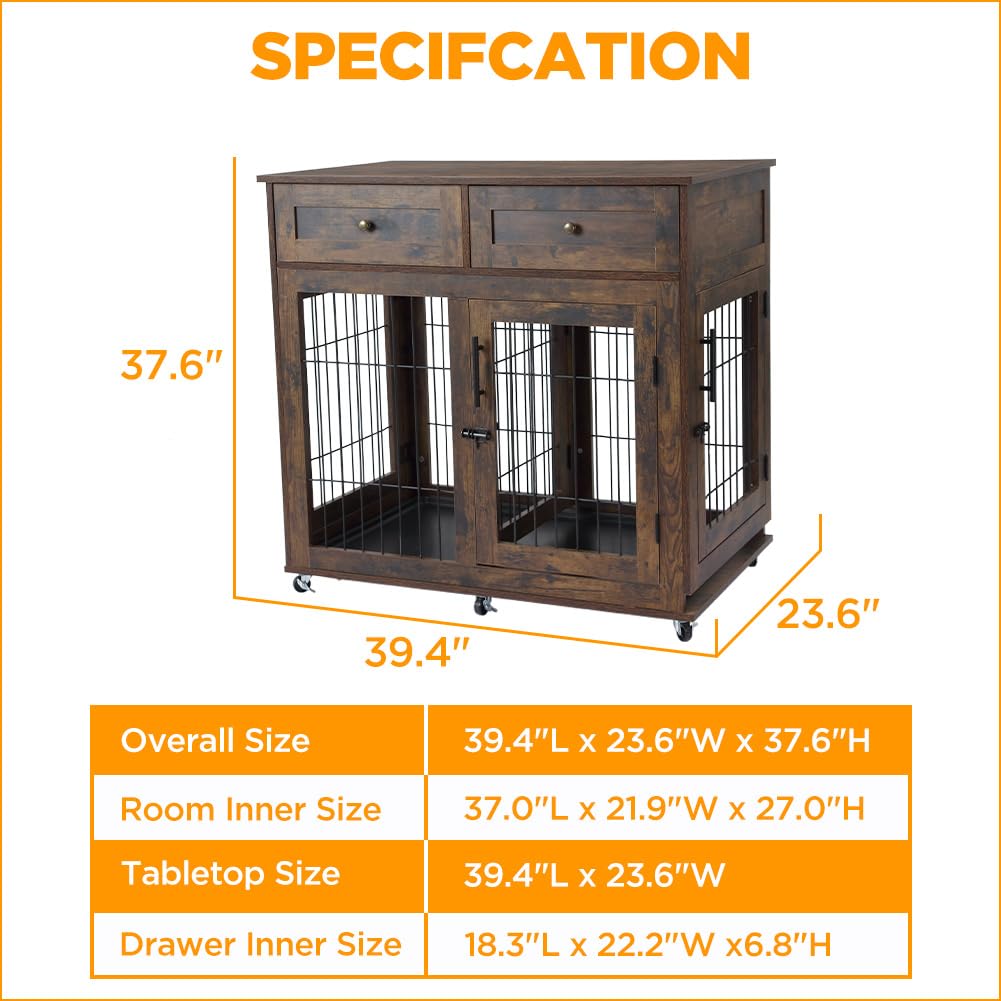 Double Room Wooden Dog Cage with Divider and Tray - GARVEE