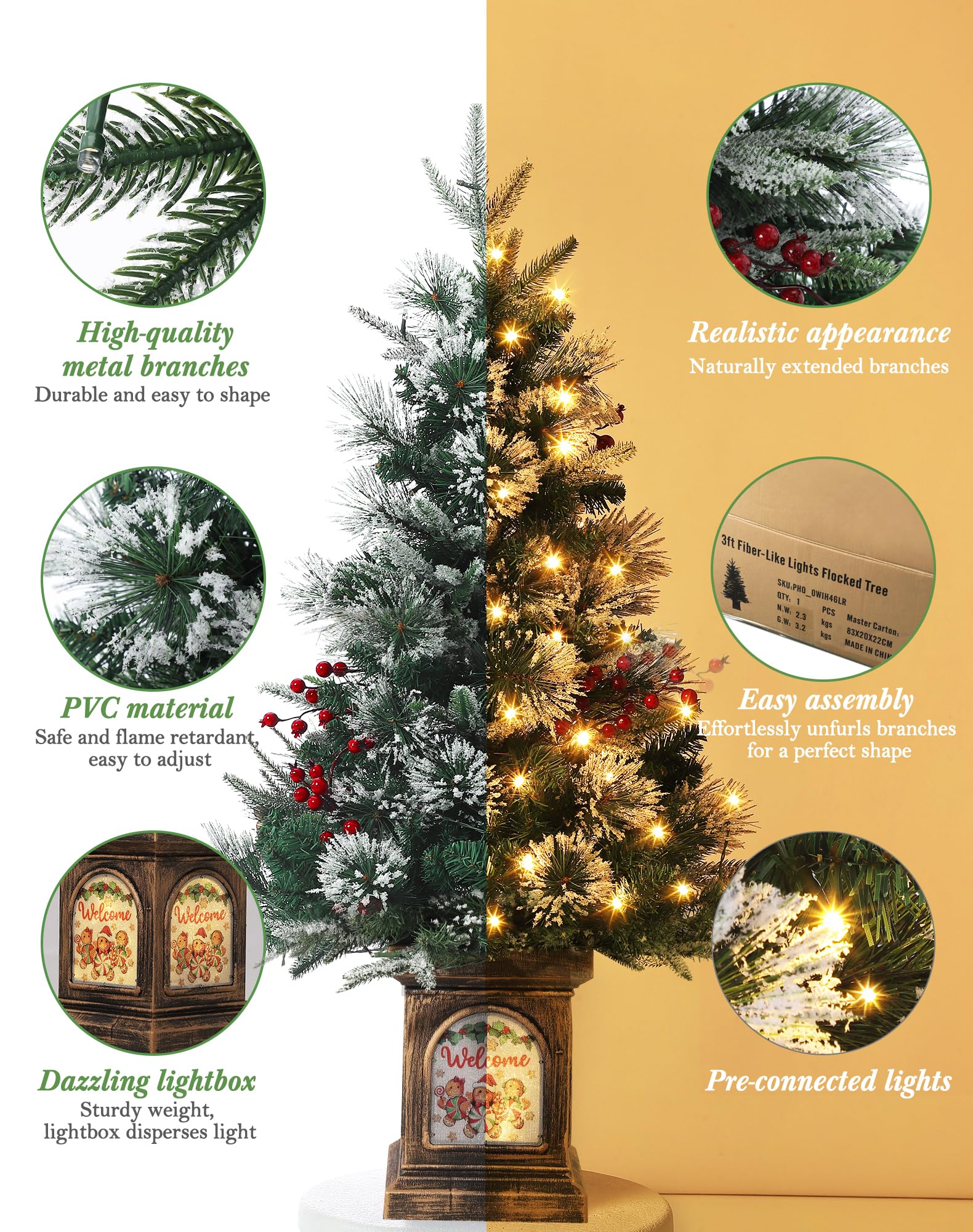 Garvee 3ft Small Christmas Tree, Pre Lit Snow Flocked Artificial Christmas Tree with 78 Warm White LED Lights, Premium Xmas Pine Tree for Christmas Decoration, Yard, Home, Office