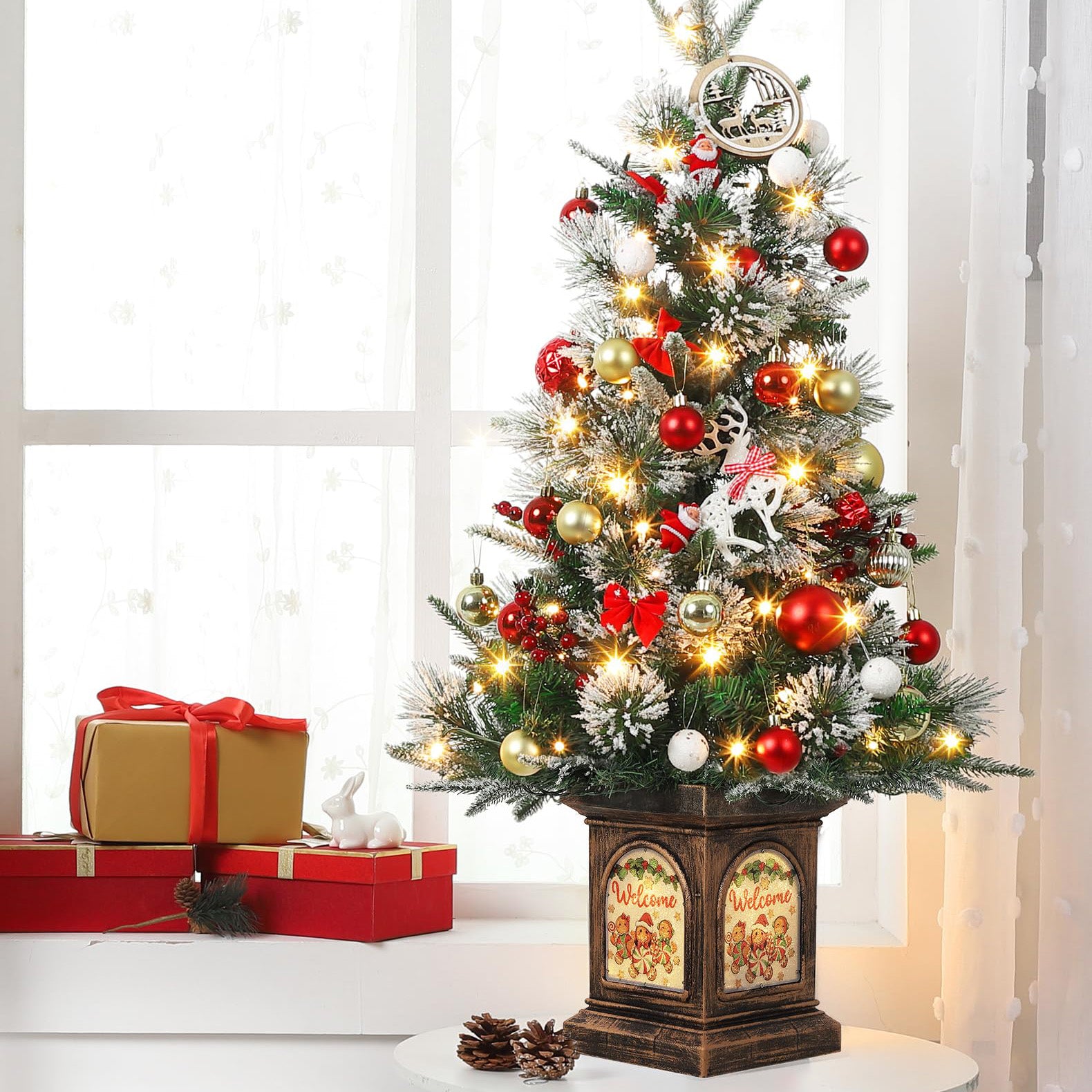 Garvee 3ft Small Christmas Tree, Pre Lit Snow Flocked Artificial Christmas Tree with 78 Warm White LED Lights, Premium Xmas Pine Tree for Christmas Decoration, Yard, Home, Office