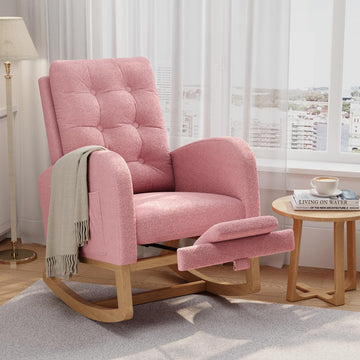 Garvee Nursery Rocking Chair with Adjustable Footrest, Teddy Fleece Upholstery, Sturdy Wooden Legs & High Backrest, Comfortable Glider Rocking Chair for Living Room or Bedroom, Pink