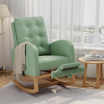 Garvee Nursery Rocking Chair with Adjustable Footrest, Teddy Fleece Upholstery, Sturdy Wooden Legs & High Backrest, Comfortable Glider Rocking Chair for Living Room or Bedroom, Green
