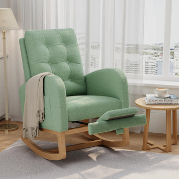 Garvee Nursery Rocking Chair with Adjustable Footrest, Teddy Fleece Upholstery, Sturdy Wooden Legs & High Backrest, Comfortable Glider Rocking Chair for Living Room or Bedroom, Green